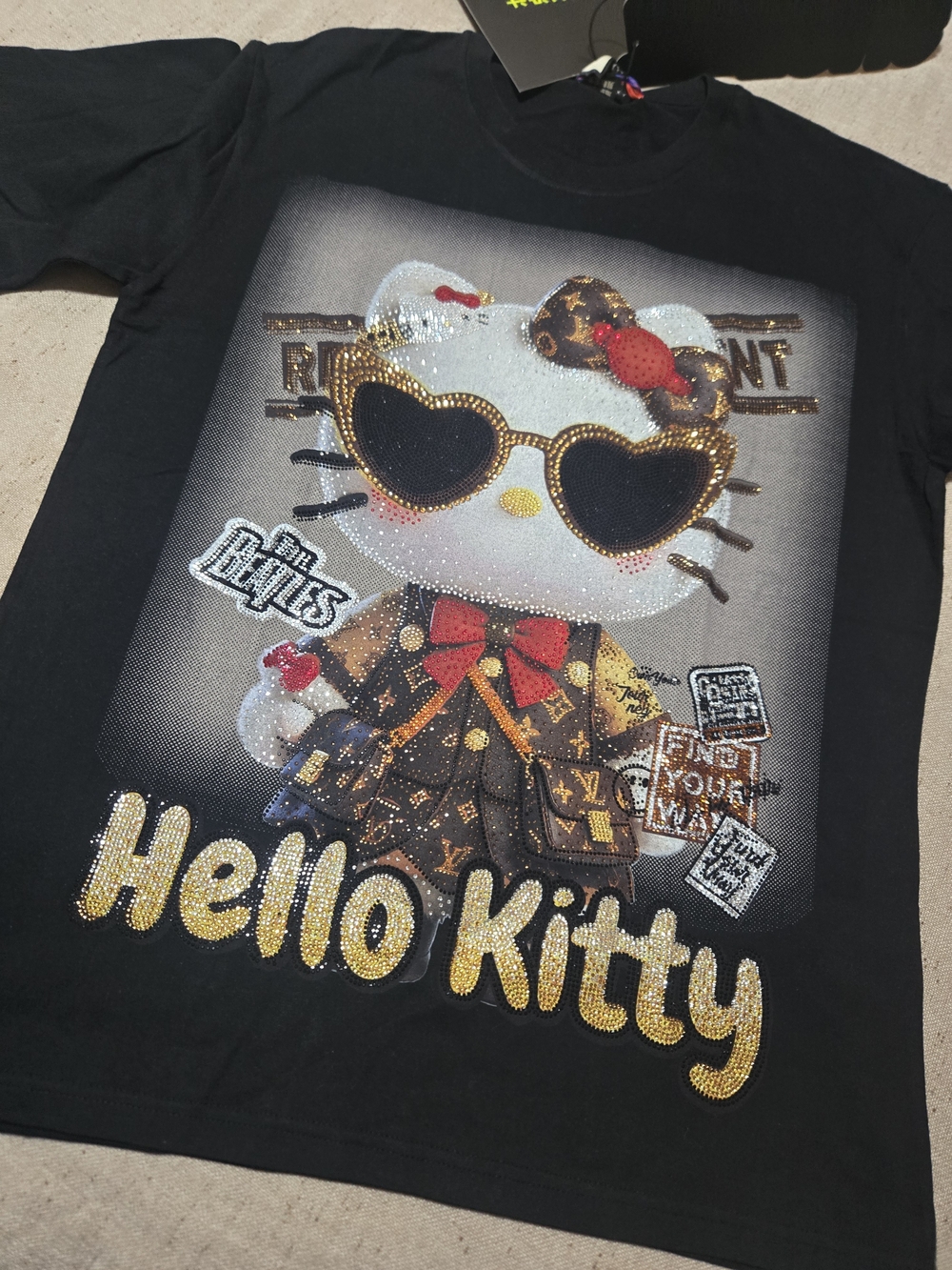 Hello Kitty Black Tee with Gold and Red Embellishments